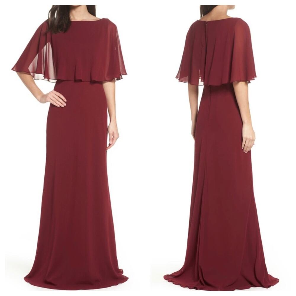 La Femme Popover Chiffon Gown in Garnet, Size 8